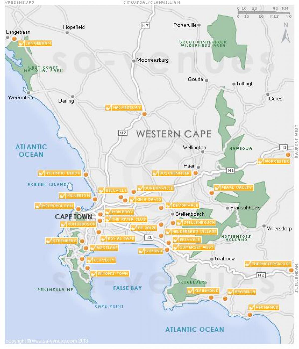 mapa de Ciudad del Cabo, campos de golf 