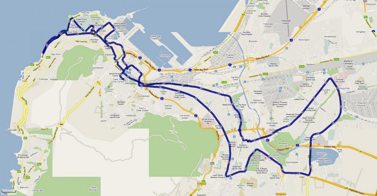 mapa de Ciudad del Cabo, ruta de la maratón 