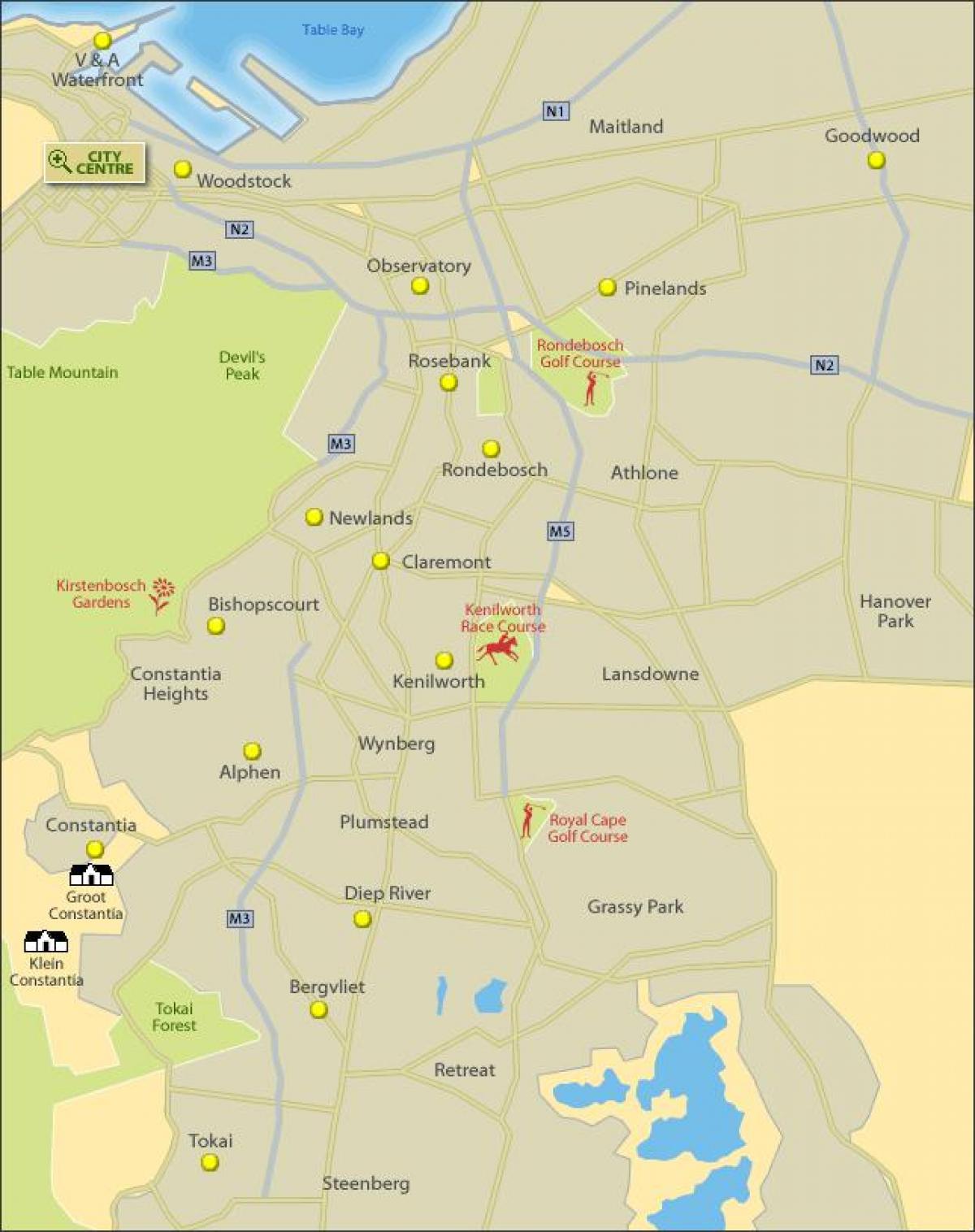 mapa de Ciudad del Cabo (suburbios del sur