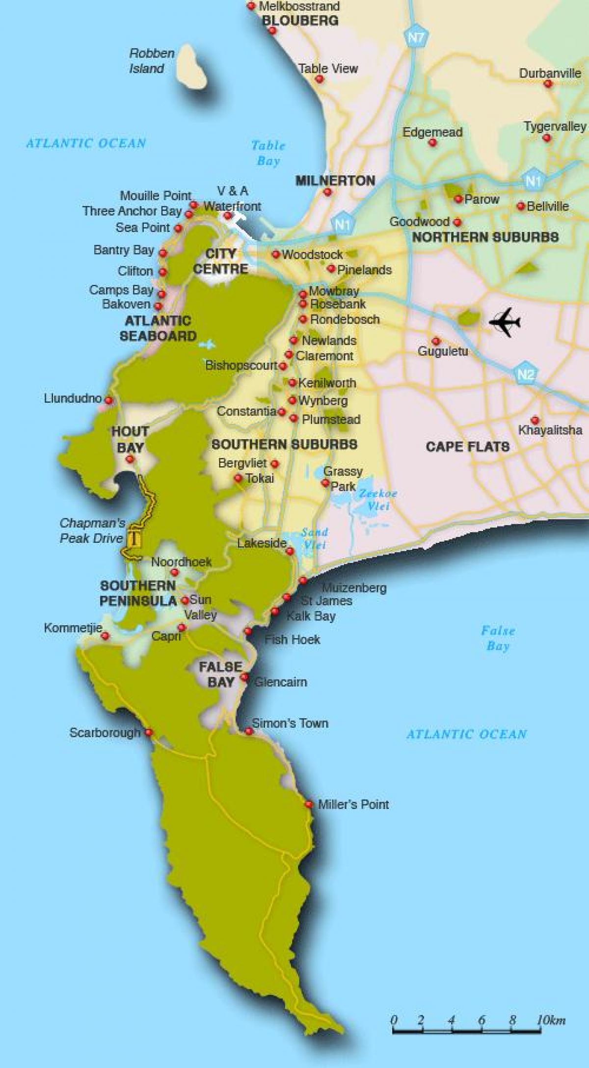 mapa del norte de los suburbios de Ciudad del Cabo