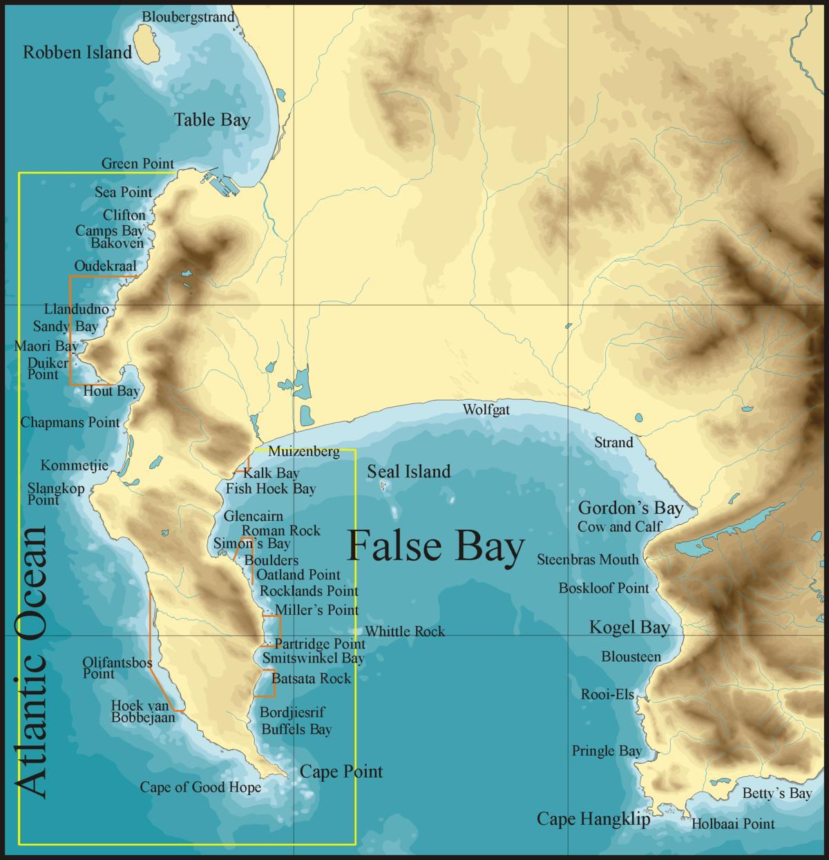 mapa de false bay, Ciudad del Cabo