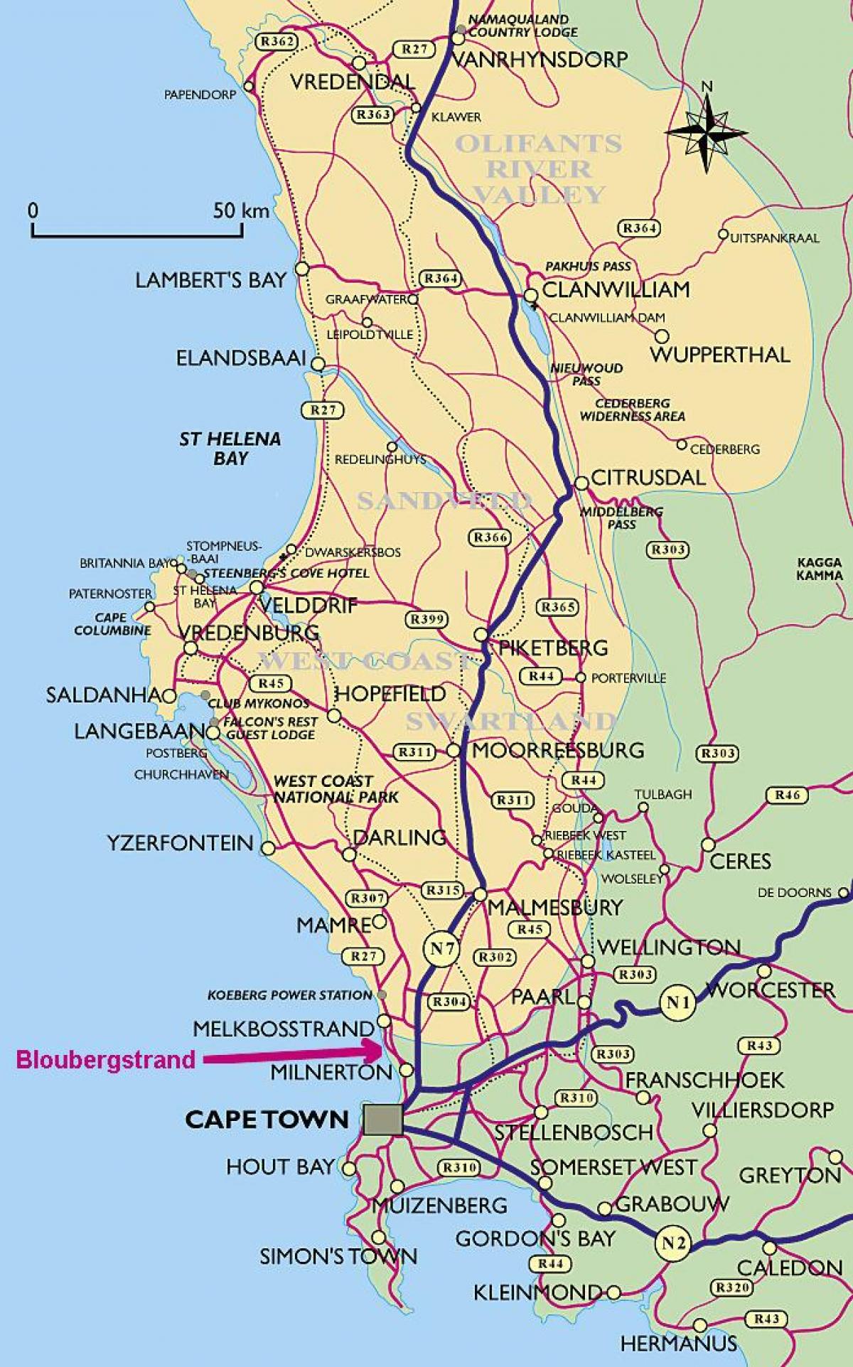 mapa de la costa oeste de Ciudad del Cabo