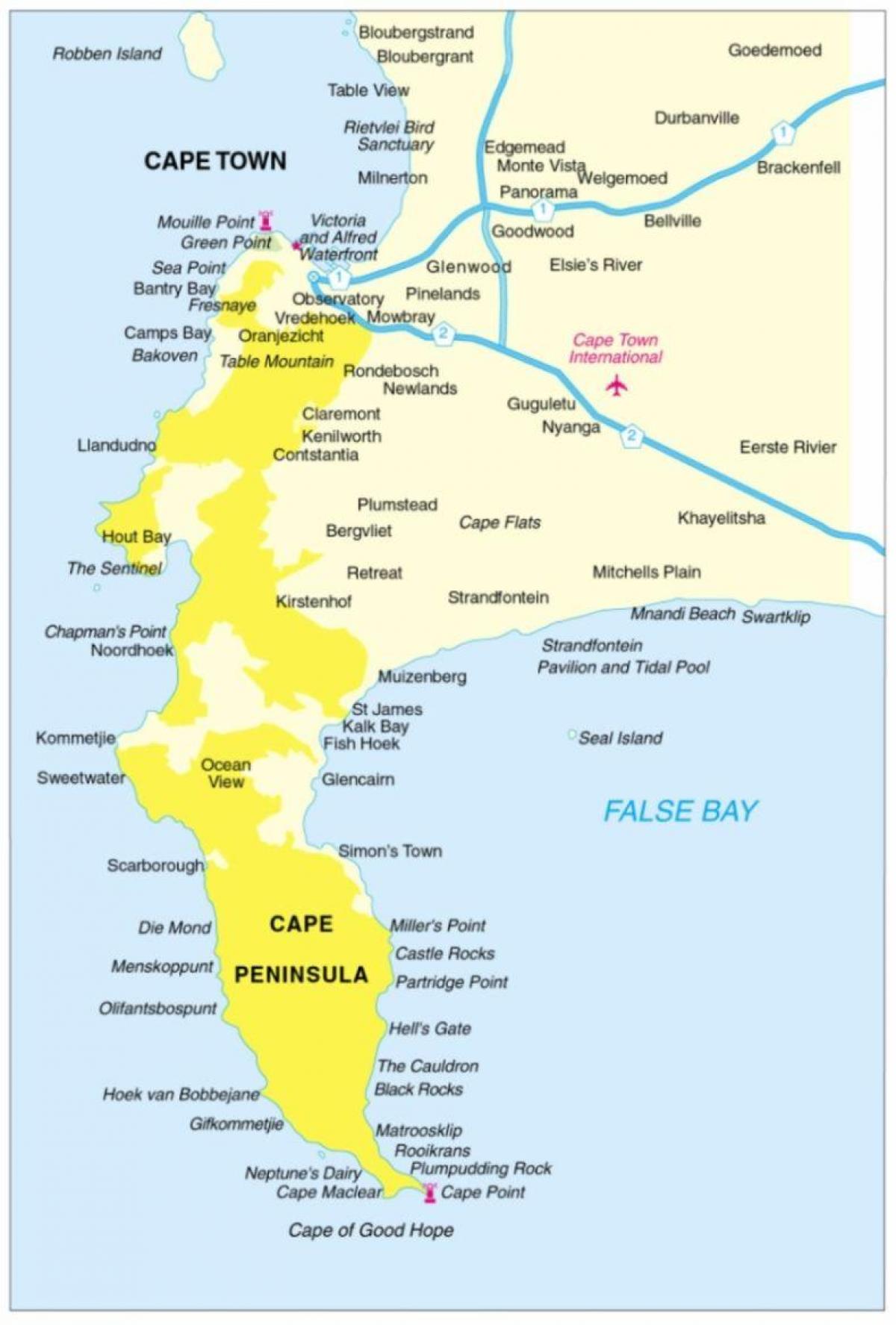 mapa de la península del cabo en sudáfrica