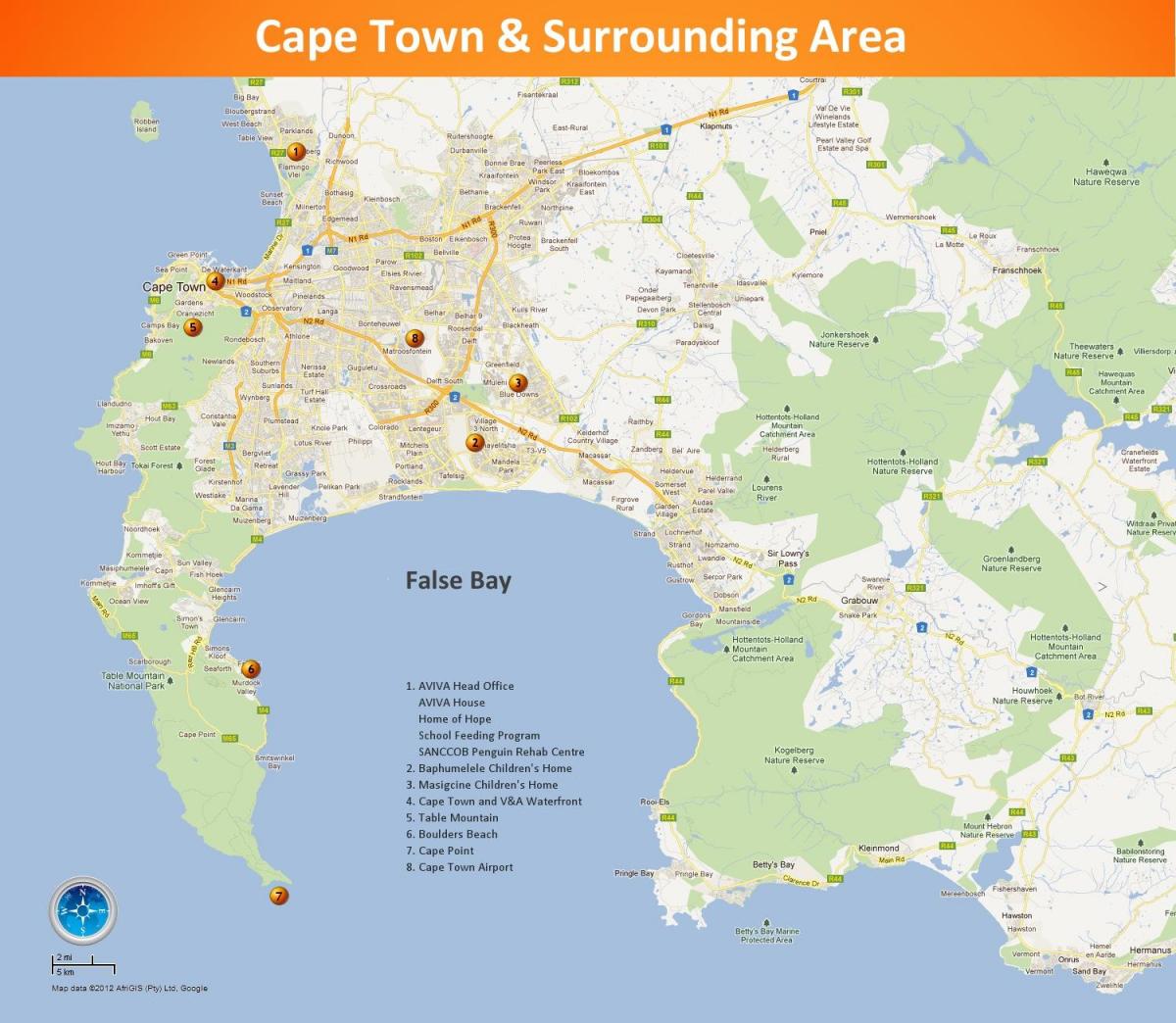 mapa de los alrededores de Ciudad del Cabo sudáfrica