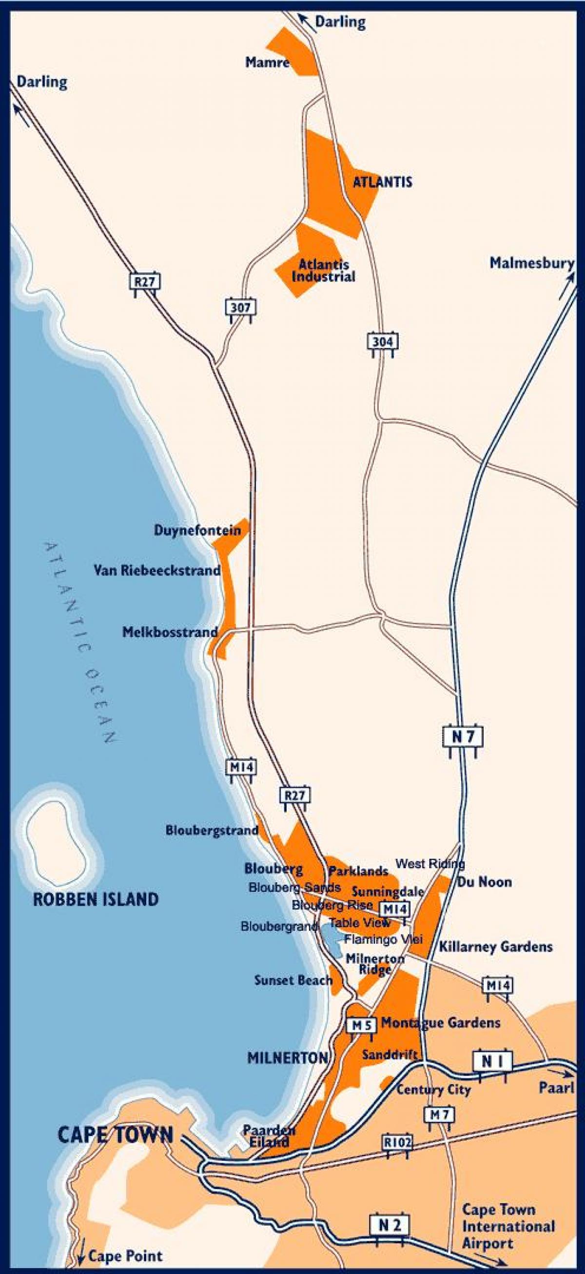 mapa de playa del oeste de Ciudad del Cabo