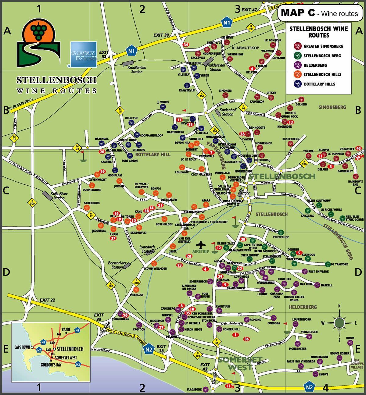 mapa de la ruta del vino mapa de carreteras de Ciudad del Cabo