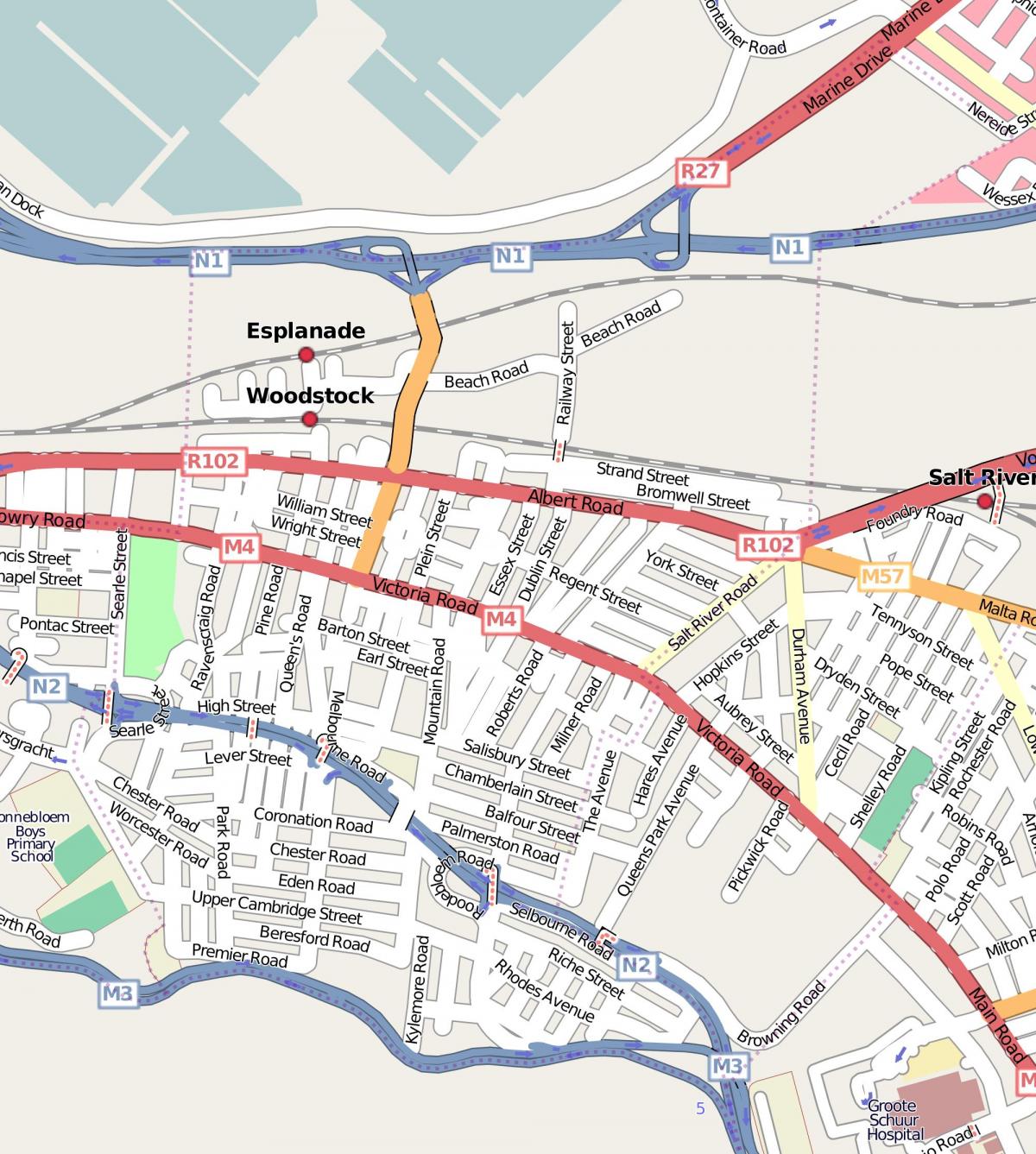 mapa de calle de woodstock Ciudad del Cabo